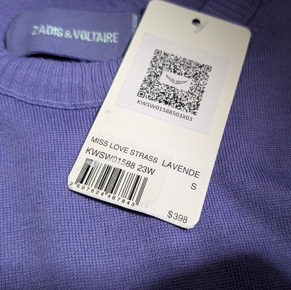 Zadig & Voltaire Miss Love Strass Merino Wool Lavender Sweater Small Nwt - Picture 6 of 13